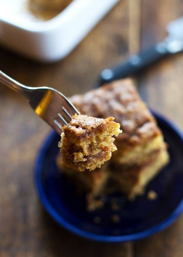 Cinnamon Sugar Zucchini Coffee Cake on a fork.