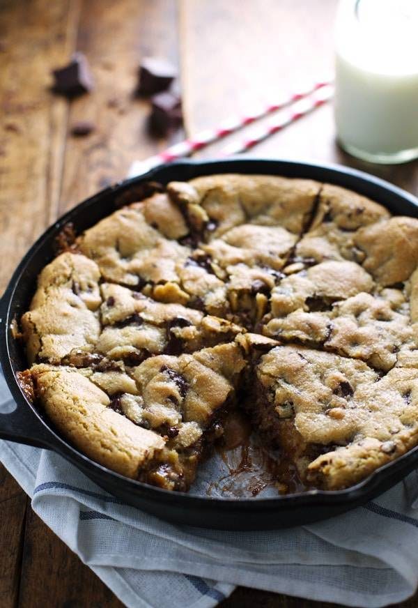 Deep Dish Chocolate Chip Cookie in a skillet.