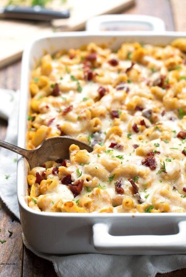 Chicken Bacon Pumpkin Pasta Bake in a dish.