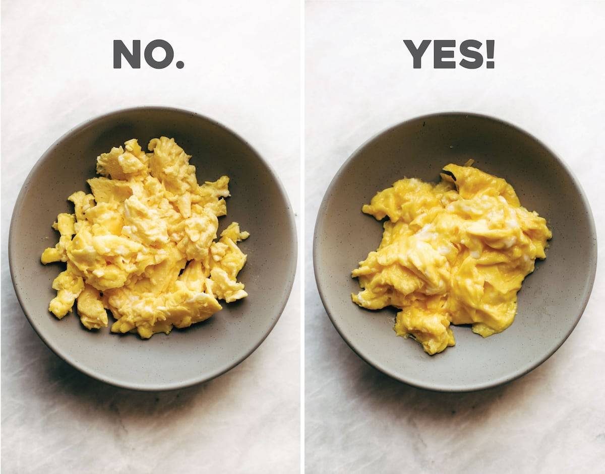 Two bowls compared cooked scrambled eggs.