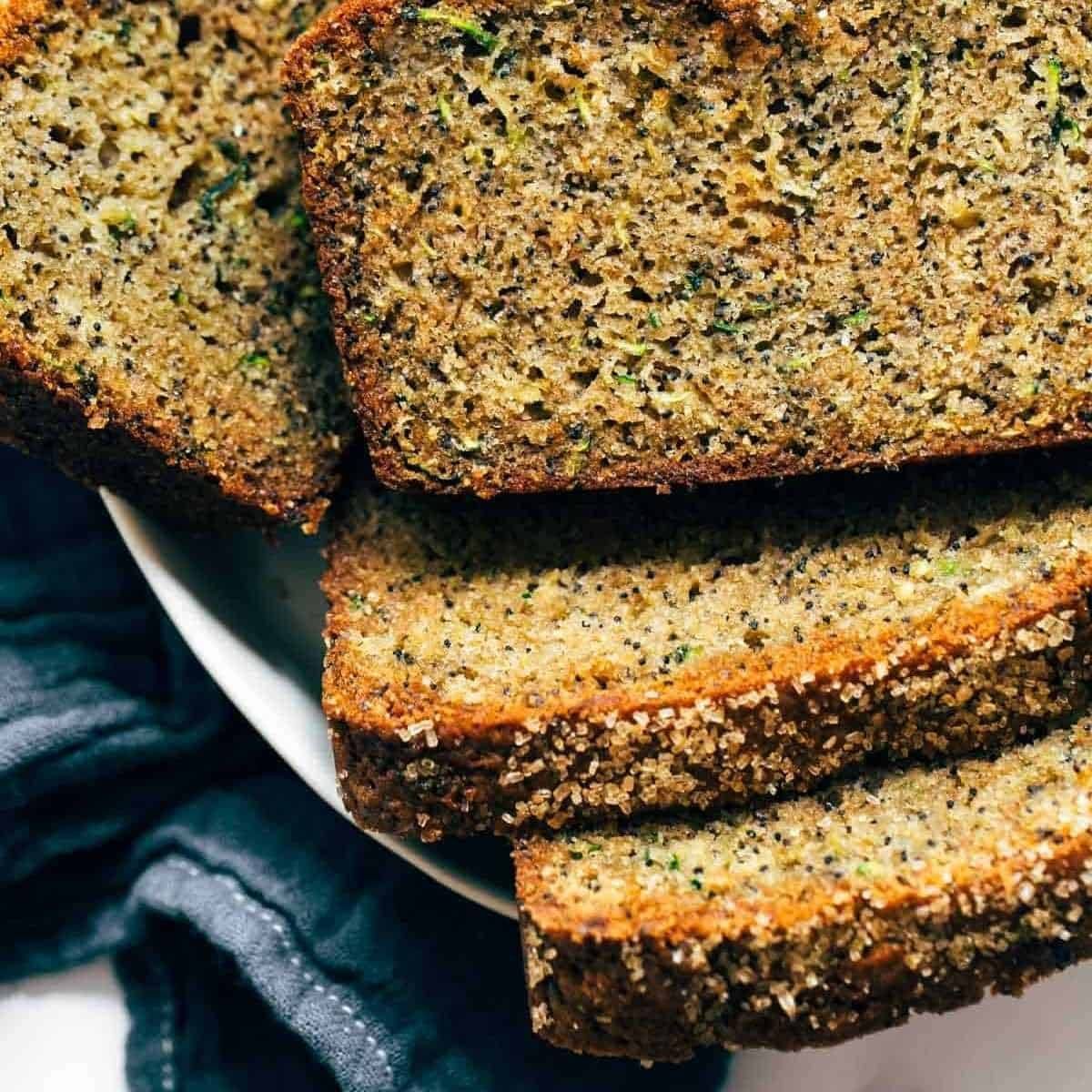Stacked lemon poppyseed zucchini bread.