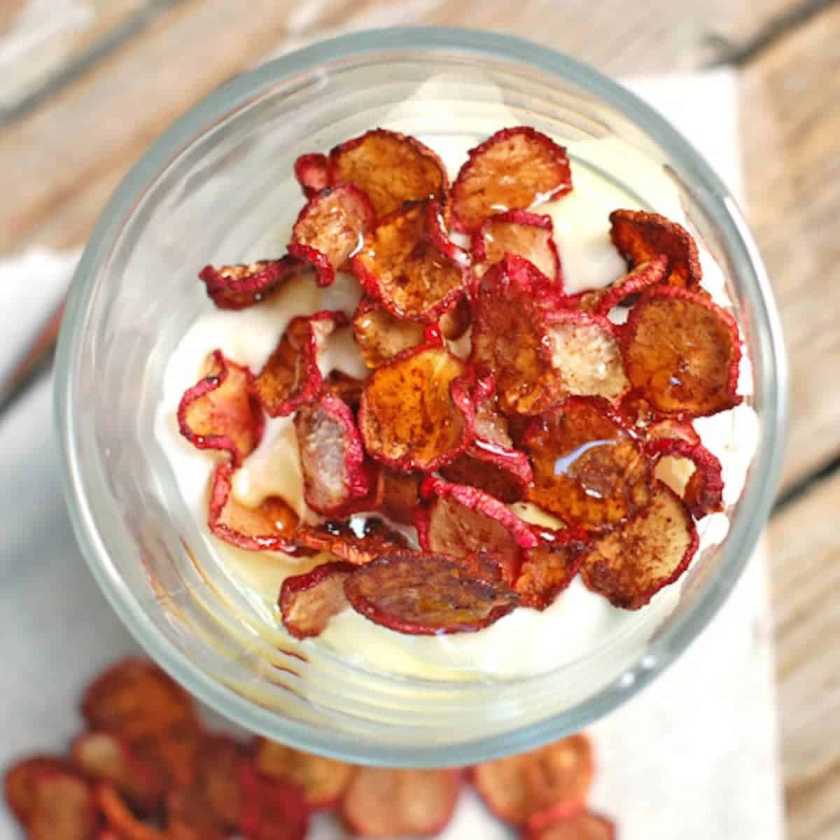 Cinnamon sugar radish chips served over Greek yogurt with honey.