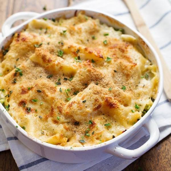 Garlic parmesan lasagna bake in a casserole dish.